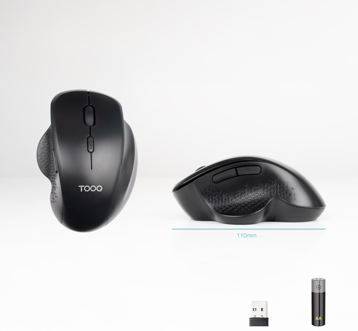 Tooq Ratón Inalámbrico Ergonómico 1600 DPI, 6 botones, Negro