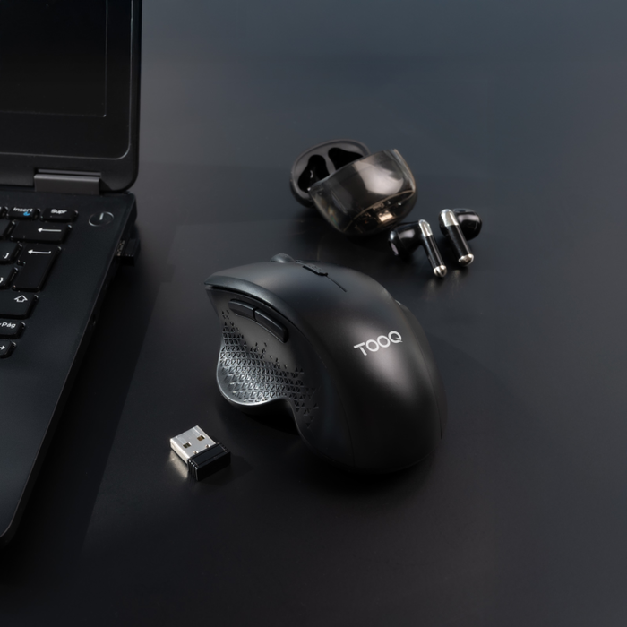 Tooq Ratón Inalámbrico Ergonómico 1600 DPI, 6 botones, Negro