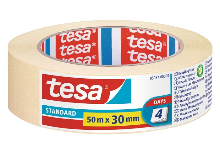 Tesa Cinta Adhesiva para Pintor, Protege Superficies al Pintar, 50 m x 30 mm, Rollo de 50 Metros, Fácil Remoción Sin Residuo