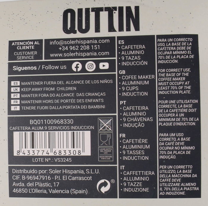 Quttin Cafetera de Aluminio para Inducción de 9 Servicios