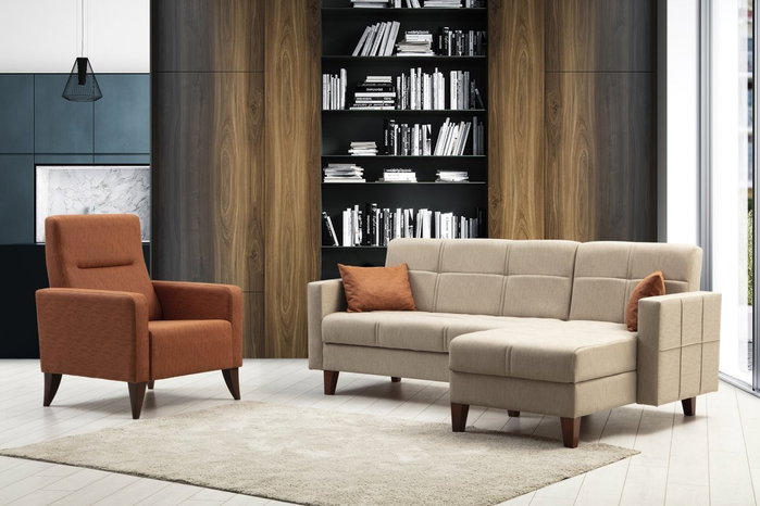 Atelier Del Sofa Polya L Conjunto de Sofá Beige, Sofá Rinconero y Sillón Orejero para Sala de Estar, Máximo Confort y Estilo