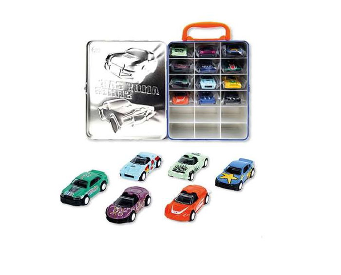 JugaToys Set de 12 coches retrofricción en maletín de metal