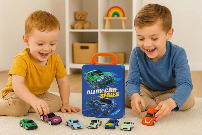 JugaToys Set de 12 coches retrofricción en maletín de metal
