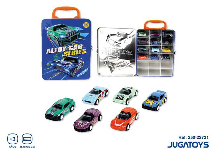 Set de 12 coches retrofriccion en maletin de metal 15x9x20 cm