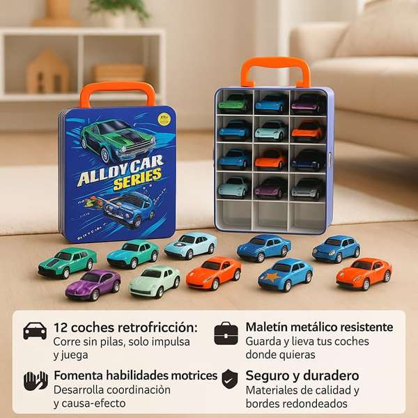 JugaToys Set de 12 coches retrofricción en maletín de metal