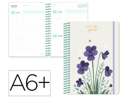 Liderpapel Agenda Escolar 2026-2027 Fantasy A6+ Día Página, Espiral, Portada Floral, Interior Bilingüe, Con Pegatinas, 80g FSC