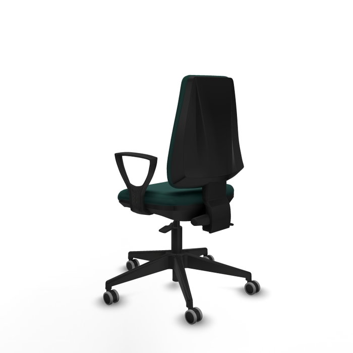 Silla de oficina Elche con mecanismo Asincro tapizada con Similpiel color Verde botella. Equipada con Base piramidal negra, Brazos fijos y Ruedas 65 mm parqué