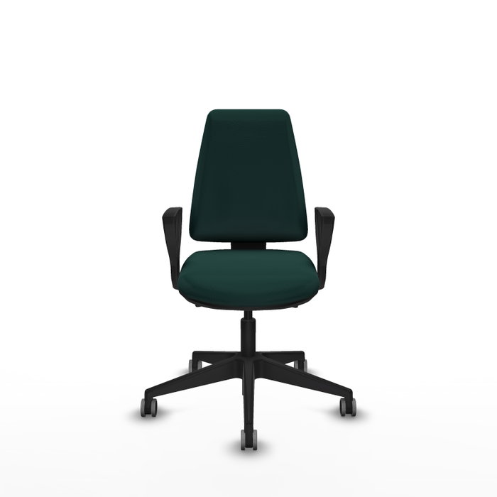 Silla de oficina Elche con mecanismo Asincro tapizada con Similpiel color Verde botella. Equipada con Base piramidal negra, Brazos fijos y Ruedas 65 mm parqué