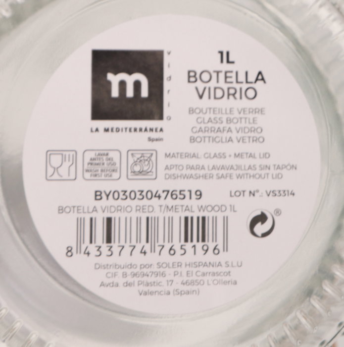 La Mediterranea Botella de Vidrio Redonda con Tapa de Metal Wood 1L (24 Unidades)