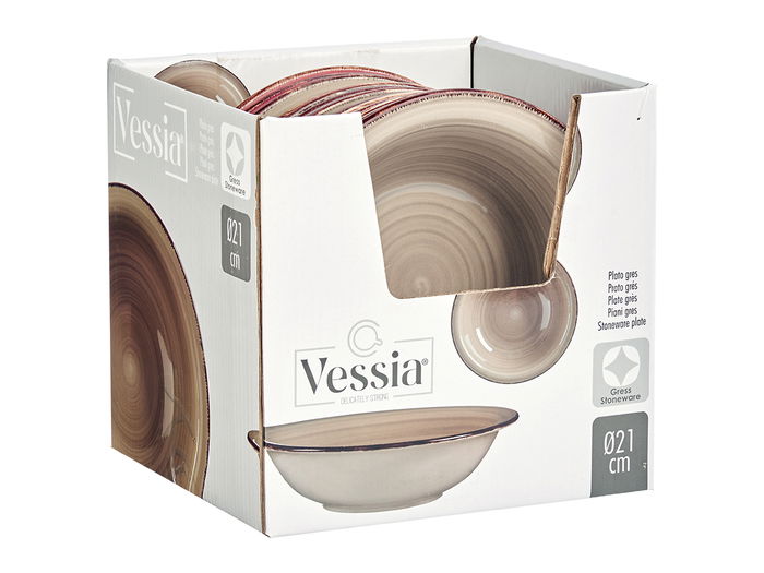 Vessia Plato Hondo Gres Tierra con Borde 20.5 cm Gris Cerámica Loza Apto Lavavajillas (Set de 24)