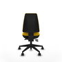 Silla de oficina Elche con mecanismo Asincro tapizada con Tela color Amarillo. Equipada con Base piramidal negra, Sin brazos y Ruedas 65mm nailon