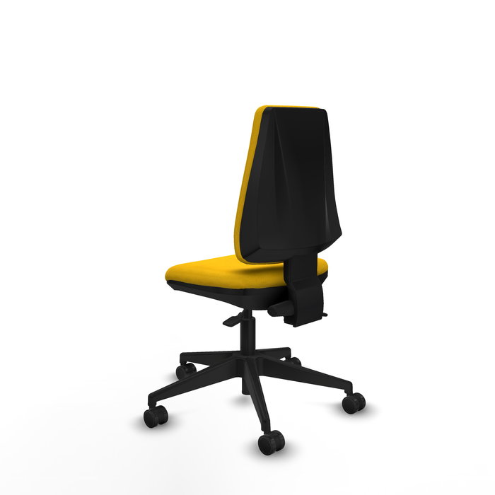 Silla de oficina Elche con mecanismo Asincro tapizada con Tela color Amarillo. Equipada con Base piramidal negra, Sin brazos y Ruedas 65mm nailon