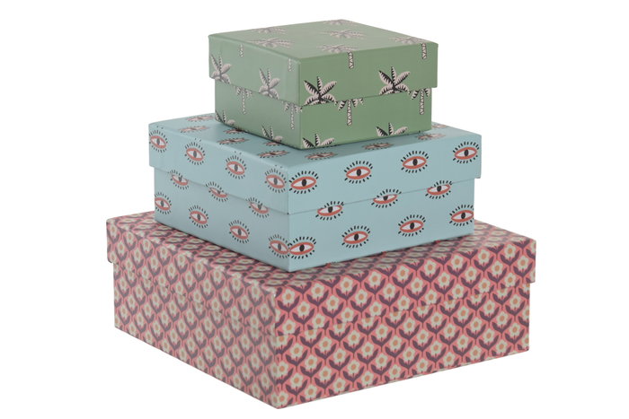 DKD Home Decor Set de 3 Cajas de Cartón Tropical Boho Verde DKD Home Decor Set de 3 Cajas de Cartón Tropical Boho Verde