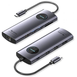 Vention TQWHB Estación de Acoplamiento USB-C 10-en-1 con 2x HDMI 4K 60Hz, 1x DisplayPort, PD 100W, Ethernet Gigabit, Lector de Tarjetas SD/TF, 3x USB - Gris