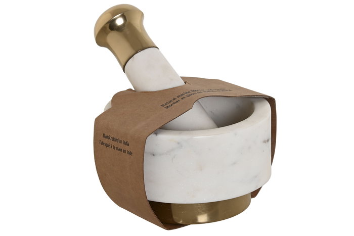 DKD Home Decor Mortero Blanco Dorado Marmol Laton 12.5 x 12.5 x 7.5 cm