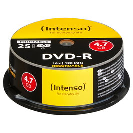 Intenso DVD-R 1x25, 4.7GB 16x Velocidad, Discos Vídeo Grabables Imprimibles, Caja Cakebox, 25 Unidades