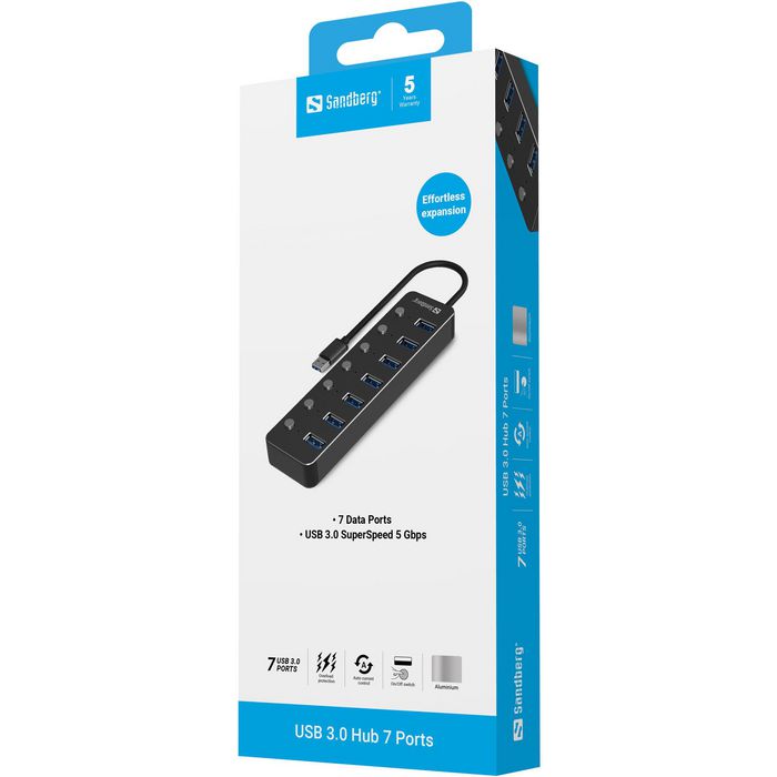 Sandberg USB 3.0 Hub 7 Puertos, Concentrador con Conexión Rápida y Fiable para Dispositivos Externos, Teclados e Impresoras