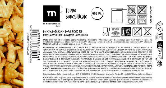 La Mediterranea Tarro Borosilicato T/Acero 950ml 10.8x10.8x16cm (12 Unidades)