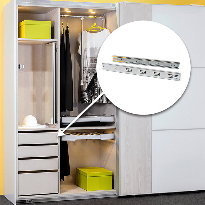 Emuca Lote de 5 juegos de guías para cajones, de bolas, altura 45mm, profundidad 350mm, extracción total, cierre suave, Cincado