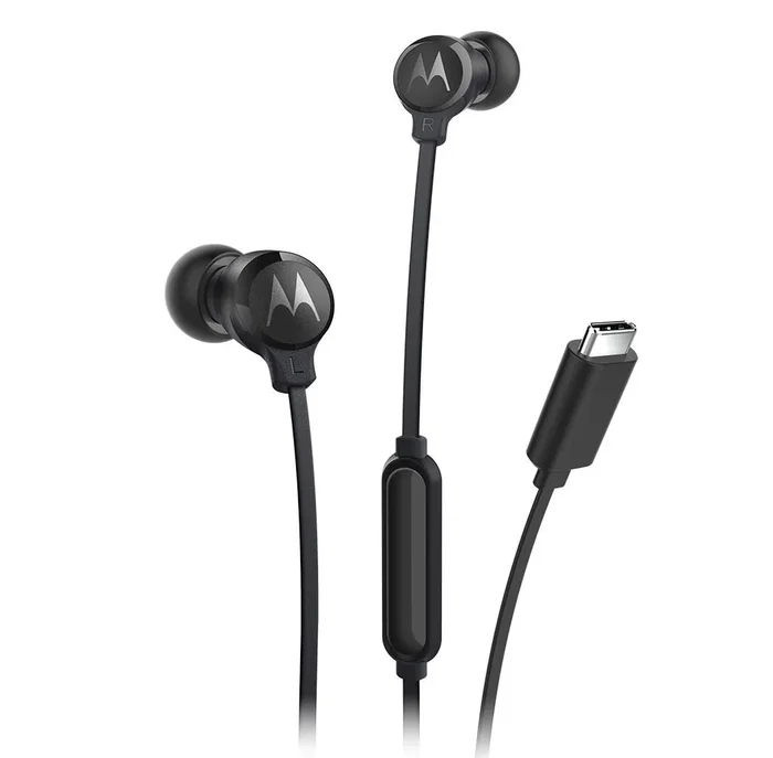 Motorola Earbuds 3C-S - Auriculares Inalámbricos Intraurales USB-C con Cable Plano, Control en Línea, Micrófono y Rich Bass - Negro