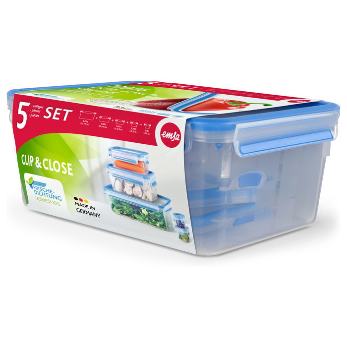 Emsa 508568 Frischhaltedose Clip & Close, Set de 5 Recipientes Herméticos Rectangulares (0.15-3.7 L), Apto para Lavavajillas y Microondas, Libre de BPA, Azul/Transparente