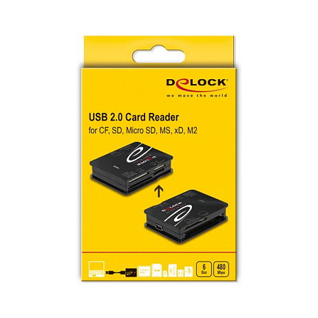 DeLOCK Delock Lector de Tarjetas USB 2.0, Negro, 6 en 1 para CF, SD, MicroSD, MS, xD, M2, 480 Mbit/s, Plug and Play