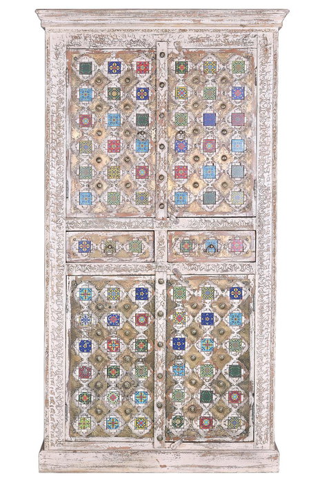 Giner y Colomer Armario Madera de Mango con Detalles de Cerámica y Bronce Blanco Envejecido 185 cm