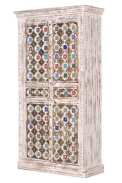 Giner y Colomer Armario Madera de Mango con Detalles de Cerámica y Bronce Blanco Envejecido 185 cm