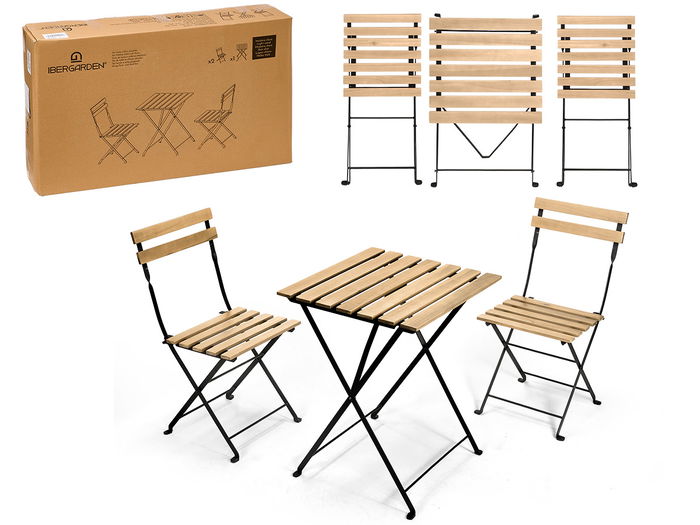 Ibergarden Set Mesa 2 Sillas Madera Clara Acacia Patas Metal 96x53x71cm Ibergarden Set Mesa 2 Sillas Madera Clara Acacia Patas Metal 96x53x71cm