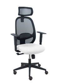 Silla de oficina Cilanco con mecanismo Sincro tapizada con Tela color Blanco y malla color Negro. Equipada con lumbar 1D, Brazos 1D, Cabecero 2D y Ruedas de parqué