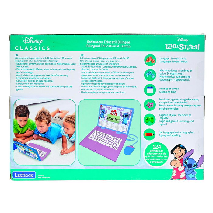 Lexibook Ordenador Portátil Educativo Disney Stitch Jc598Di2 con 124 Actividades en Inglés y Español, Matemáticas, Música y Lógica +4 años