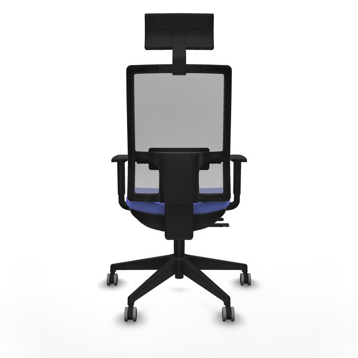 Silla de oficina Horna con mecanismo Sincro/Traslack tapizada con Tela color Azul claro y malla color Gris. Equipada con lumbar 1D, Brazos 1D, Cabecero Fijo y Ruedas 65 mm parqué