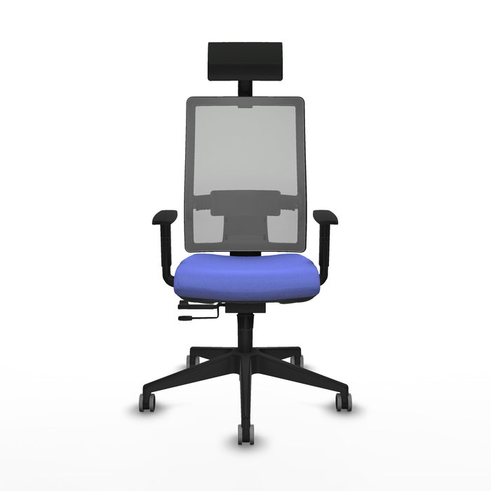 Silla de oficina Horna con mecanismo Sincro/Traslack tapizada con Tela color Azul claro y malla color Gris. Equipada con lumbar 1D, Brazos 1D, Cabecero Fijo y Ruedas 65 mm parqué