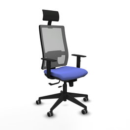 Silla de oficina Horna con mecanismo Sincro/Traslack tapizada con Tela color Azul claro y malla color Gris. Equipada con lumbar 1D, Brazos 1D, Cabecero Fijo y Ruedas 65 mm parqué
