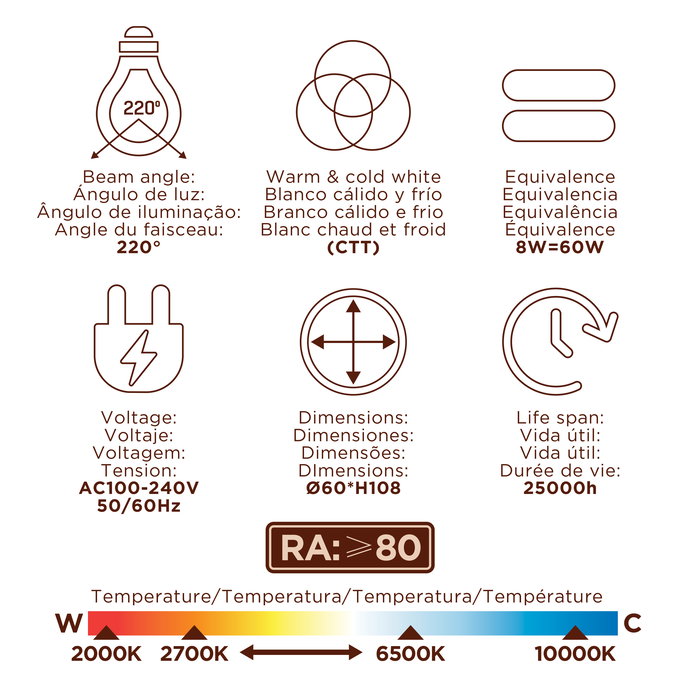 Muvit Bombilla LED Inteligente WiFi A60 E27 8W - Blanco Cálido/Frío (CCT) 2700K-6500K, 800lm, Regulable, Alexa y Google Assistant, Vida 25000h, Equivalente 60W