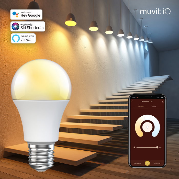 Muvit Bombilla LED Inteligente WiFi A60 E27 8W - Blanco Cálido/Frío (CCT) 2700K-6500K, 800lm, Regulable, Alexa y Google Assistant, Vida 25000h, Equivalente 60W