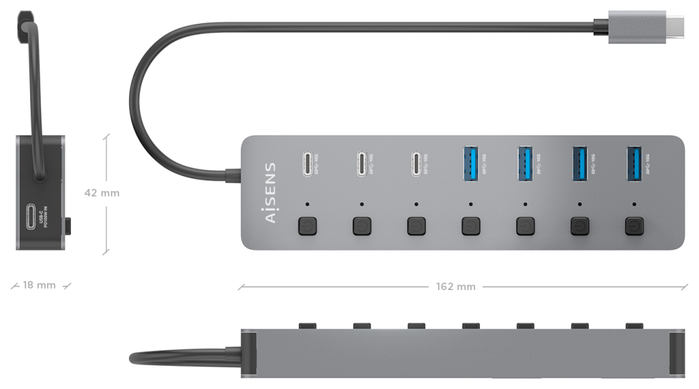 Aisens Hub USB 3.2 Gen 2 ASUC-8P044-GR con 8 puertos y carga PD 100W, Gris Aisens Hub USB 3.2 Gen 2 ASUC-8P044-GR con 8 puertos y carga PD 100W, Gris
