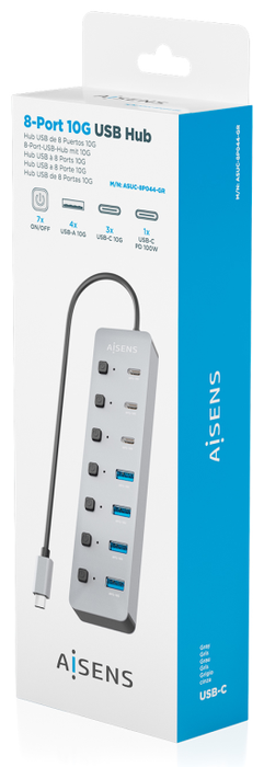 Aisens Hub USB 3.2 Gen 2 ASUC-8P044-GR con 8 puertos y carga PD 100W, Gris Aisens Hub USB 3.2 Gen 2 ASUC-8P044-GR con 8 puertos y carga PD 100W, Gris