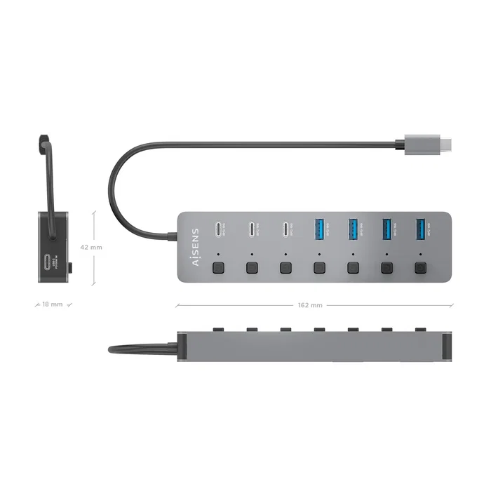 Aisens Hub USB 3.2 Gen 2 ASUC-8P044-GR con 8 puertos y carga PD 100W, Gris Aisens Hub USB 3.2 Gen 2 ASUC-8P044-GR con 8 puertos y carga PD 100W, Gris