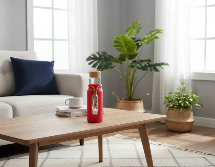 Inde Botella de Agua de Vidrio y Silicona 560 ml con Medidas 7x7x22.5 cm (24 Unidades)