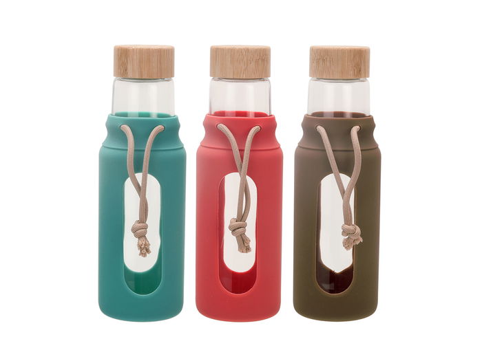 Inde Botella de Agua de Vidrio y Silicona 560 ml con Medidas 7x7x22.5 cm (24 Unidades)