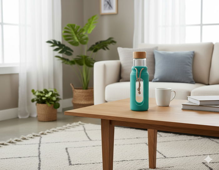 Inde Botella de Agua de Vidrio y Silicona 560 ml con Medidas 7x7x22.5 cm (24 Unidades)