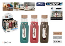 Inde Botella de Agua de Vidrio y Silicona 560 ml con Medidas 7x7x22.5 cm (24 Unidades)