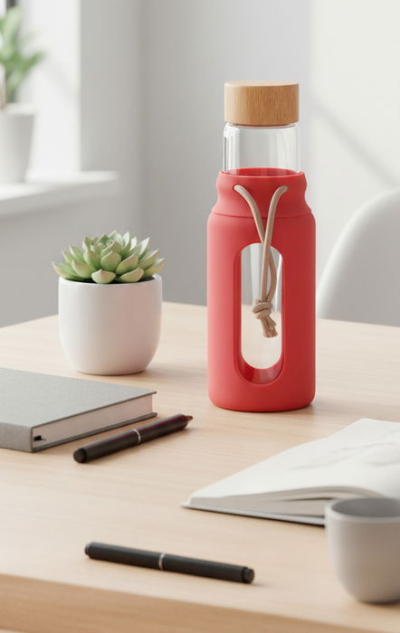 Inde Botella de Agua de Vidrio y Silicona 560 ml con Medidas 7x7x22.5 cm (24 Unidades)