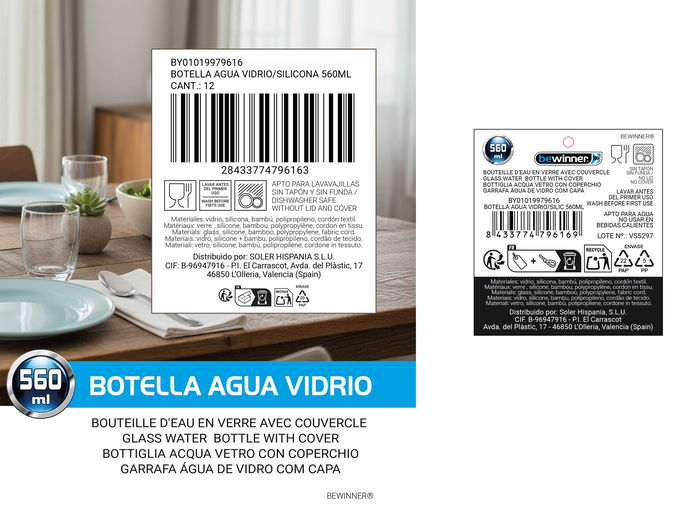 Inde Botella de Agua de Vidrio y Silicona 560 ml con Medidas 7x7x22.5 cm (24 Unidades)
