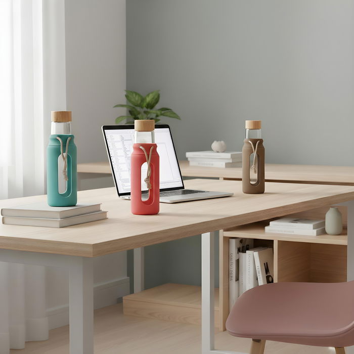 Inde Botella de Agua de Vidrio y Silicona 560 ml con Medidas 7x7x22.5 cm (24 Unidades)