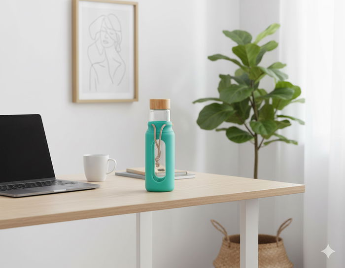 Inde Botella de Agua de Vidrio y Silicona 560 ml con Medidas 7x7x22.5 cm (24 Unidades)