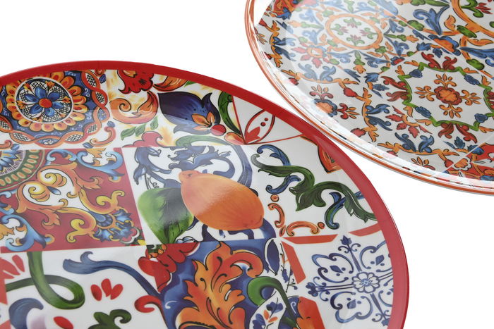DKD Home Decor Plato Mediterraneo Sicilia 2024 Rojo Azul Melamina con Limones 28 x 1 x 28 cm (12 Unidades)