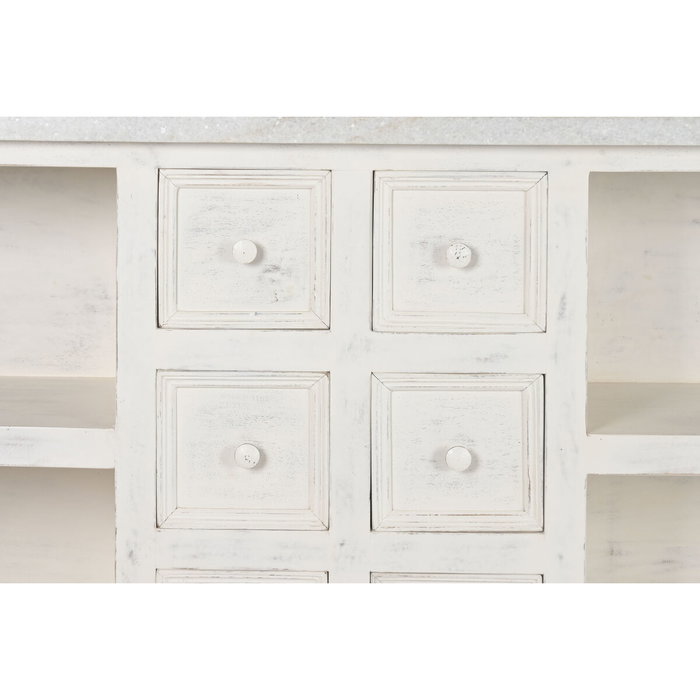 DKD Home Decor Isla Cocina India 1c24 Cottage Blanco Madera y Mármol 76 x 92 x 168 cm con 6 Cajones y 2 Estantes