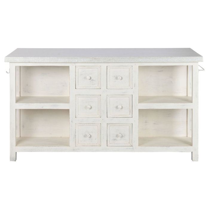 DKD Home Decor Isla Cocina India 1c24 Cottage Blanco Madera y Mármol 76 x 92 x 168 cm con 6 Cajones y 2 Estantes